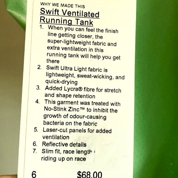 NEW Lululemon SZ.6 Womens Swift Ventilated Running Tank BNWT - Picture 9 of 9